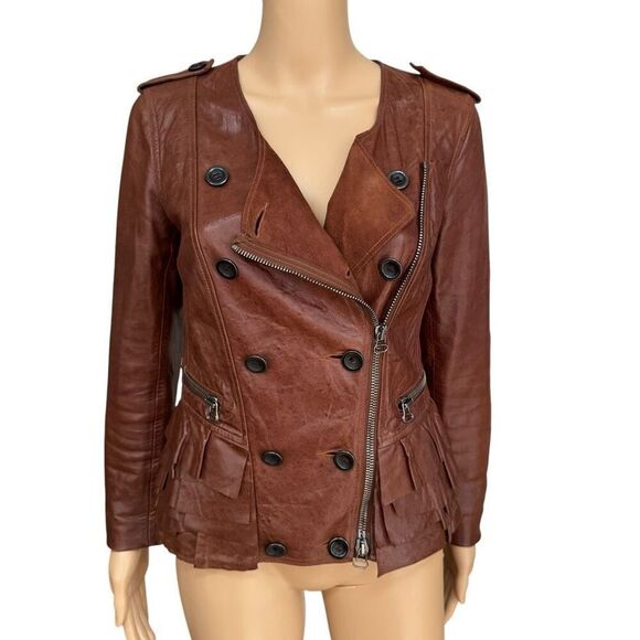 3.1 Phillip Lim Lambskin soft Leather Ruffled Cognac Zip Up Jacket silk lining 4 - Picture 9 of 16